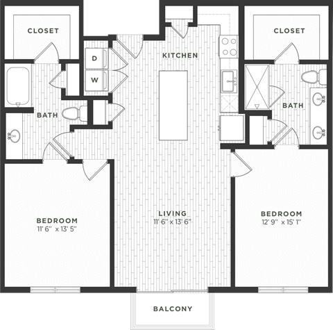 Floor plan for 2 beds, 2 baths, 1153 sqft